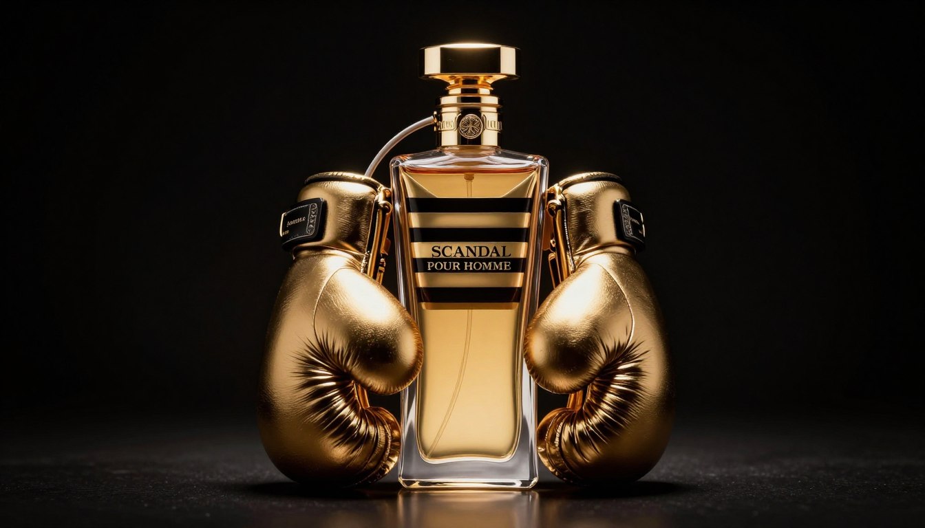 Jean Paul Gaultier Scandal Pour Homme flakon w kształcie rękawic bokserskich na eleganckim tle