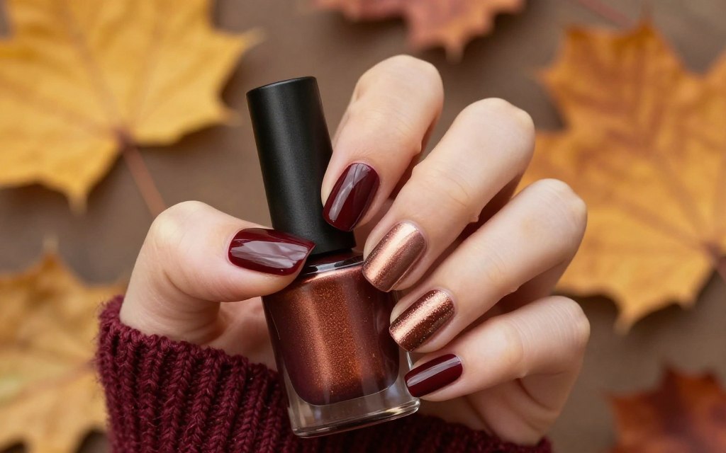 Jesienny manicure do pudrowej sukienki