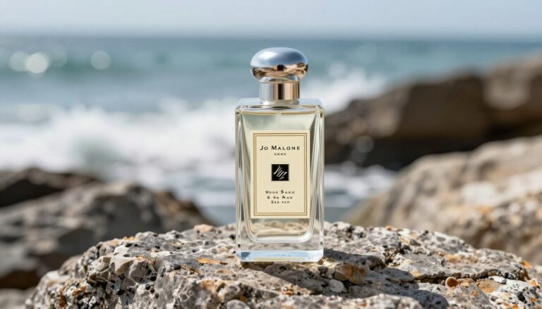 Jo Malone Wood Sage & Sea Salt perfumy butelka na tle morskich skał
