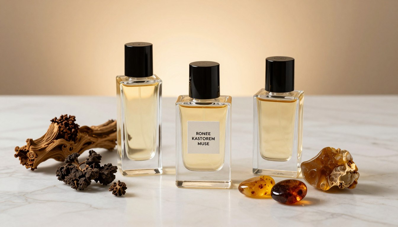 Kastoreum i piżmo w eleganckich flakonikach perfum na tle naturalnych składników