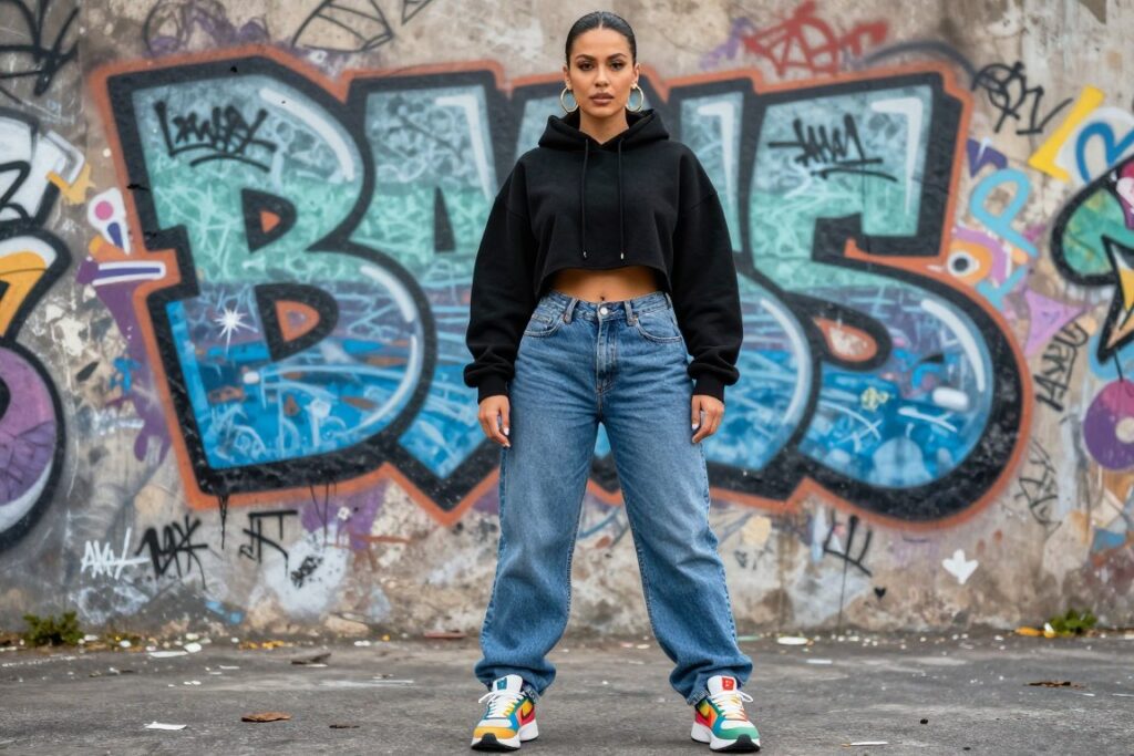 Kobieca stylizacja hip-hopowa na koncert rapu