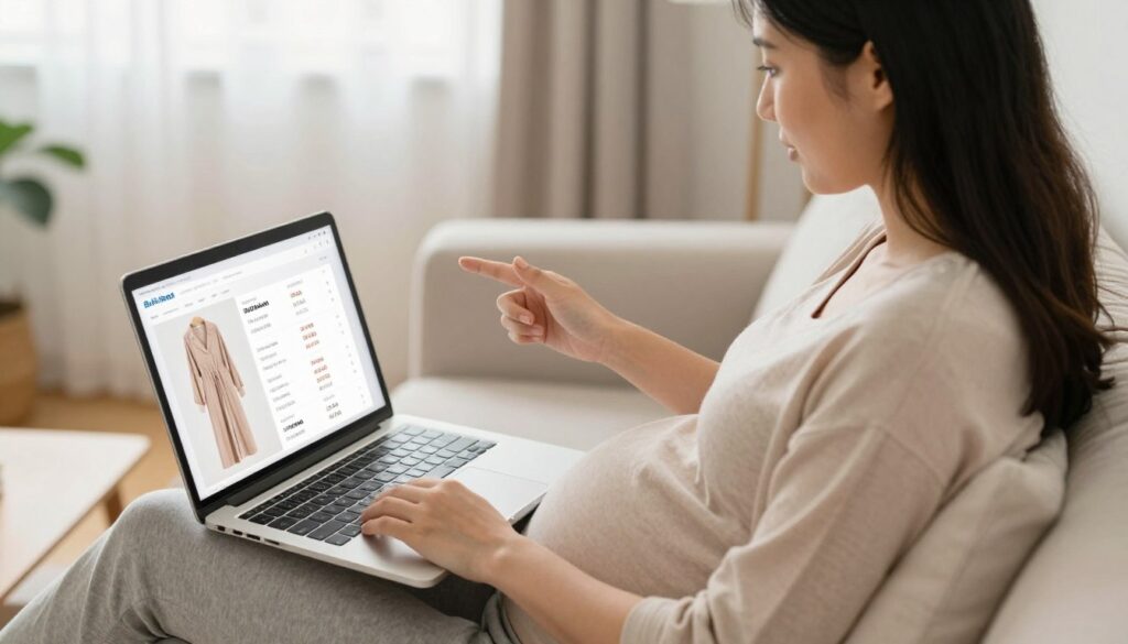 Kobieta w ciąży porównująca ceny ubrań ciążowych online