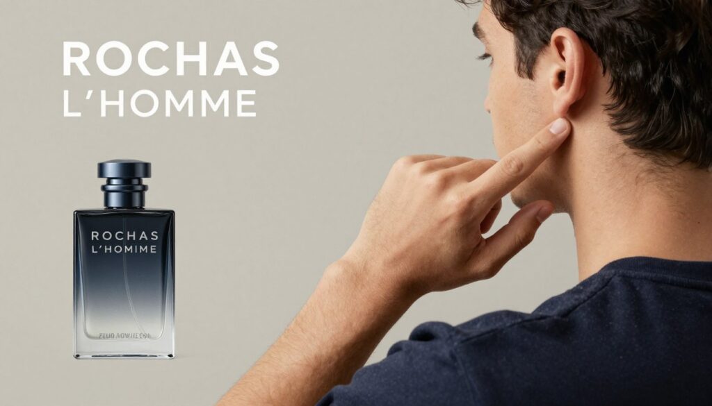 Mężczyzna aplikujący perfumy Rochas L'Homme na punkty pulsacyjne