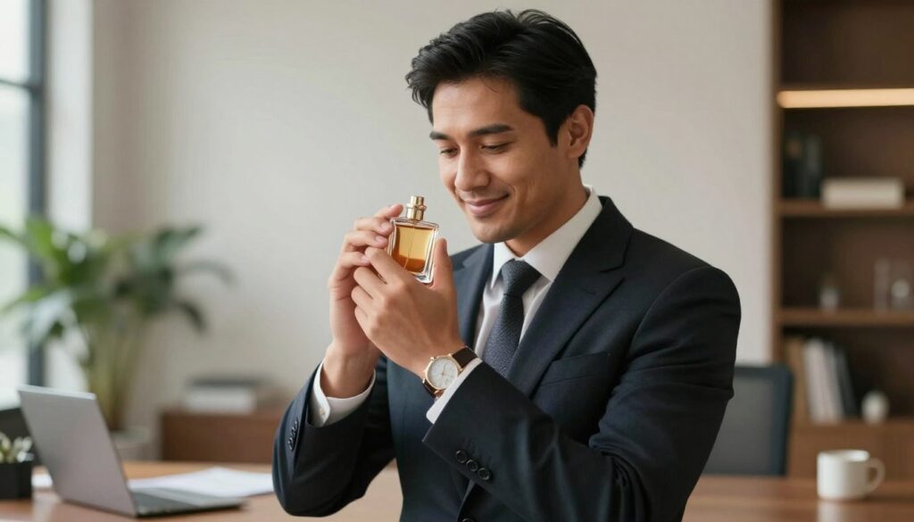Mężczyzna testujący perfumy Rochas L'Homme zadowolony z zapachu