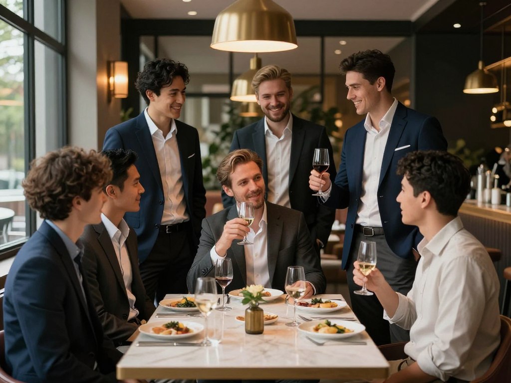 Mężczyźni w eleganckich garniturach na wieczorze kawalerskim