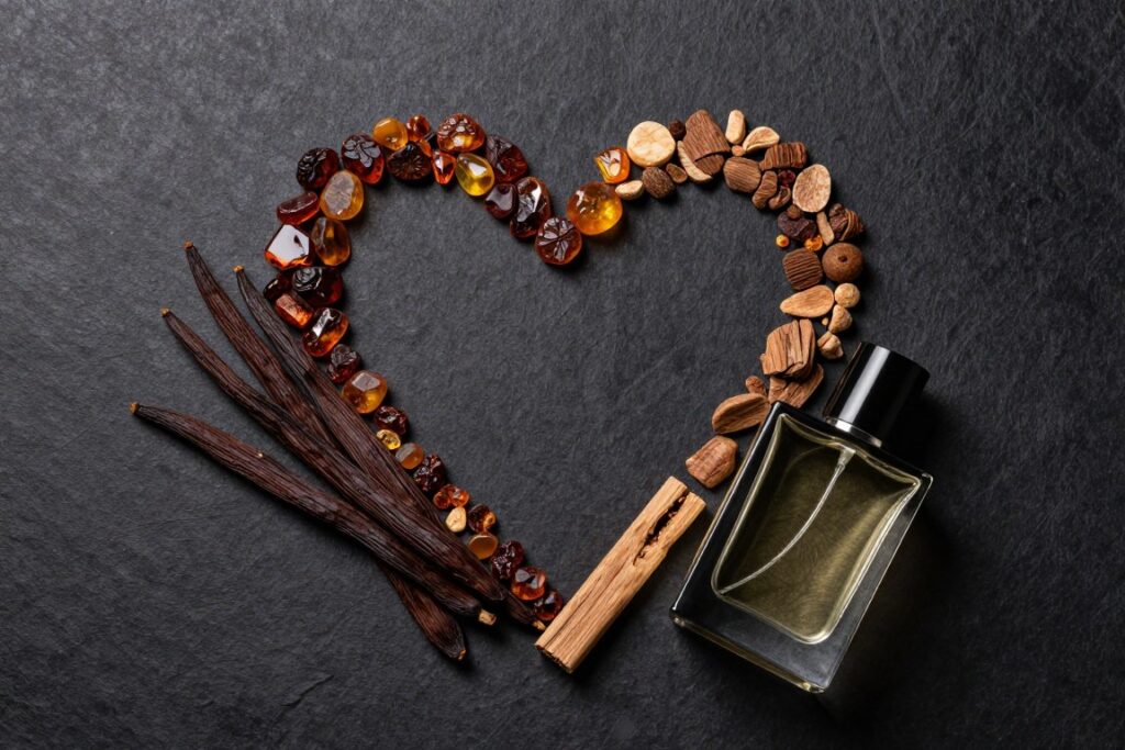 Nuty serca perfum Rochas męskie z drewnianymi elementami