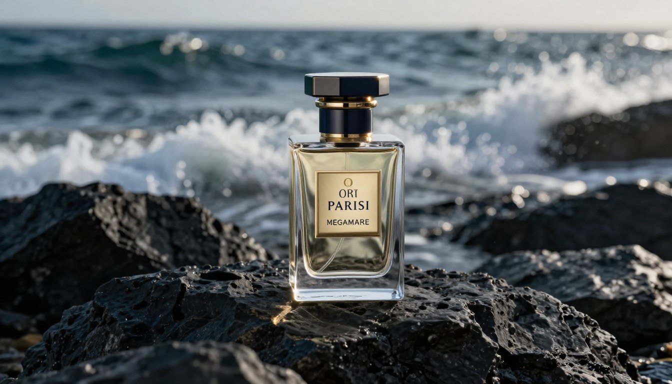 Orto Parisi Megamare perfumy - flakon na tle morskich fal