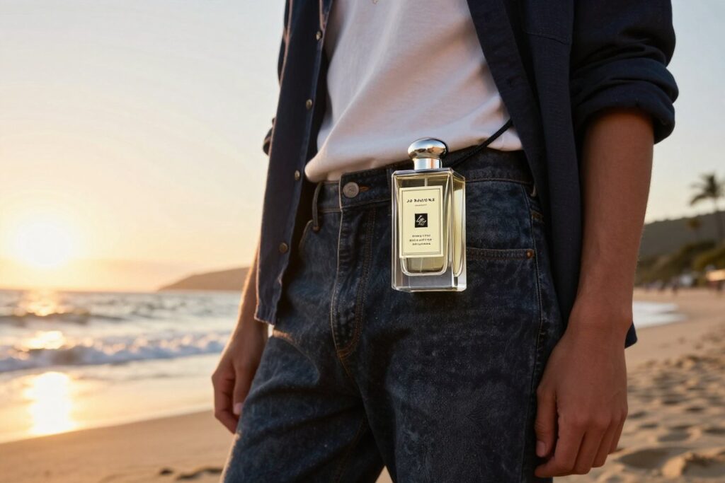 Osoba nosząca Jo Malone Wood Sage Sea Salt na plaży o zachodzie słońca Osoba nosząca Jo Malone Wood Sage Sea Salt na plaży o zachodzie słońca