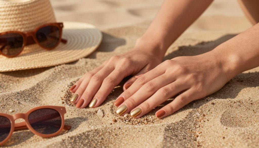 Paznokcie podkreślające opaleniznę w odcieniach terakoty i złota na tle letniej plaży