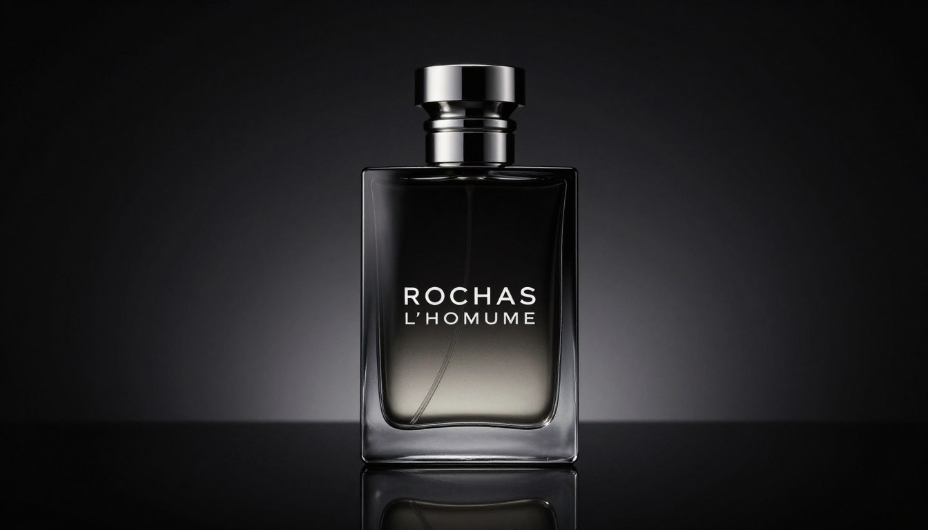 Rochas L'Homme perfumy męskie elegancki flakon na ciemnym tle