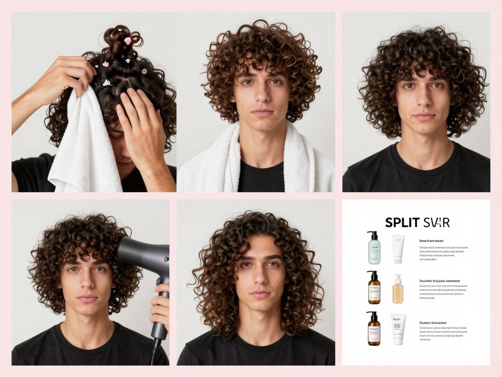 Różne metody stylizacji męskich włosów kręconych: scrunching, plopping, diffusing