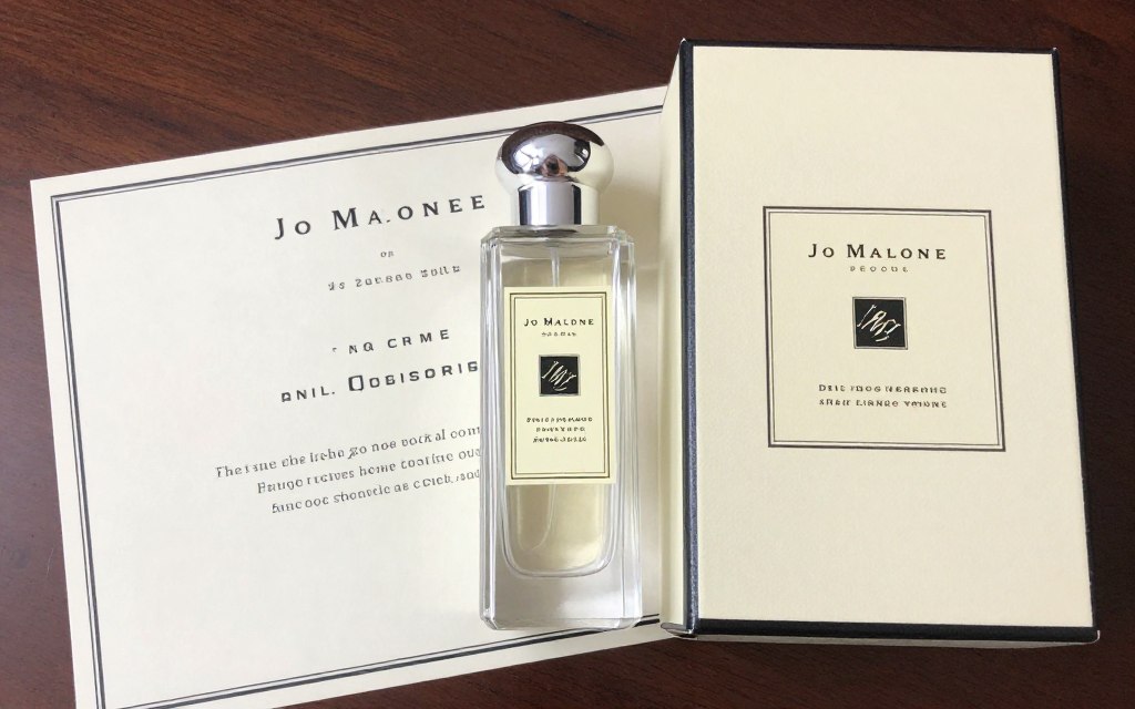 Rozpakowany tester Jo Malone na stole z certyfikatem Rozpakowany tester Jo Malone na stole z certyfikatem