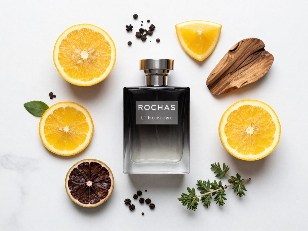 Składniki zapachowe perfum Rochas L'Homme z naturalnymi elementami
