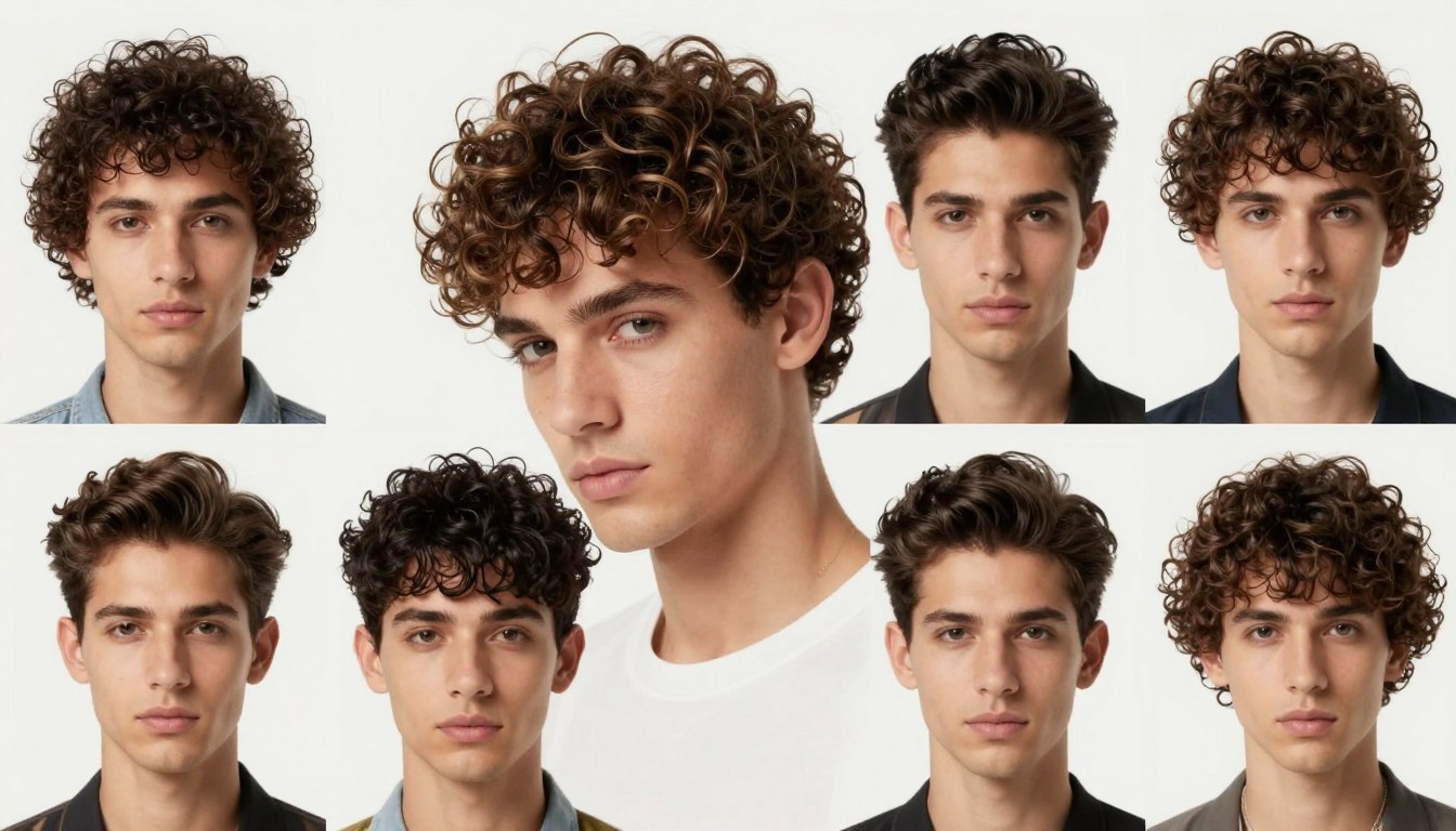 Stylowe fryzury męskie kręcone prezentowane na modelu z naturalnie kręconymi włosami