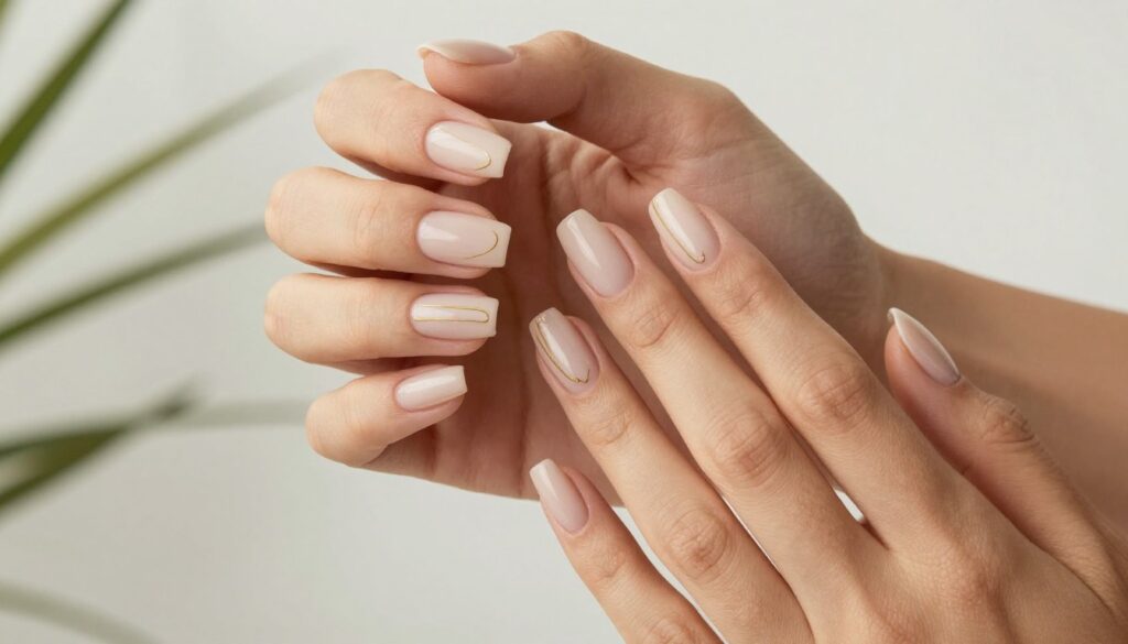 Trendy manicure dla opalonej skóry z minimalistycznymi złotymi akcentami