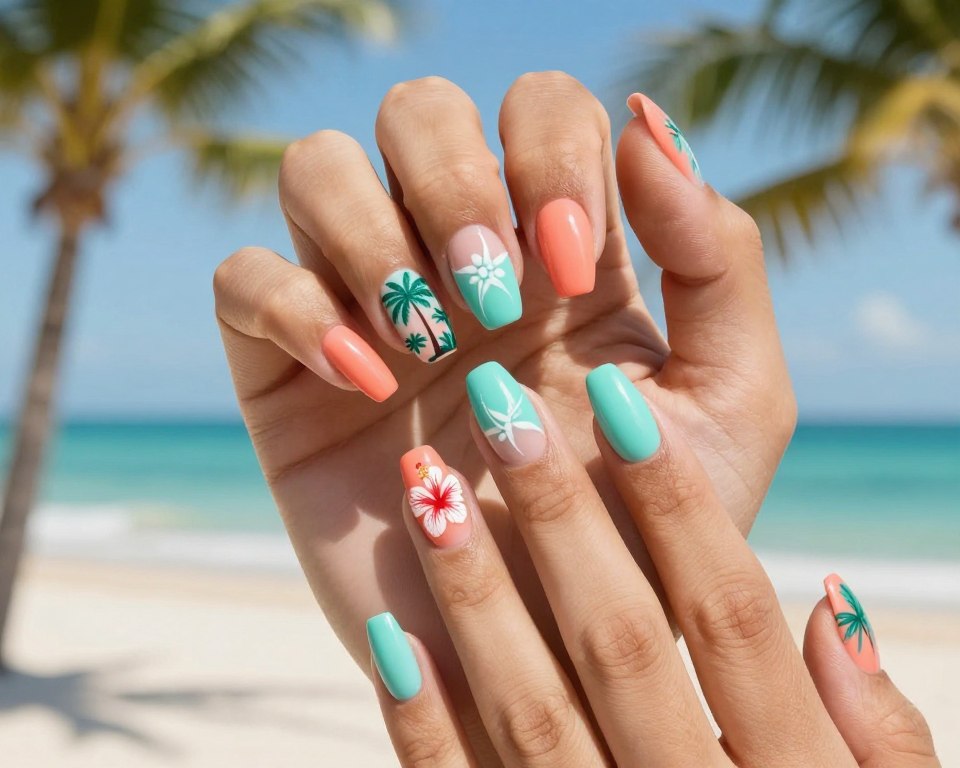 Wakacyjny manicure dla opalonej skóry z tropikalnymi wzorami