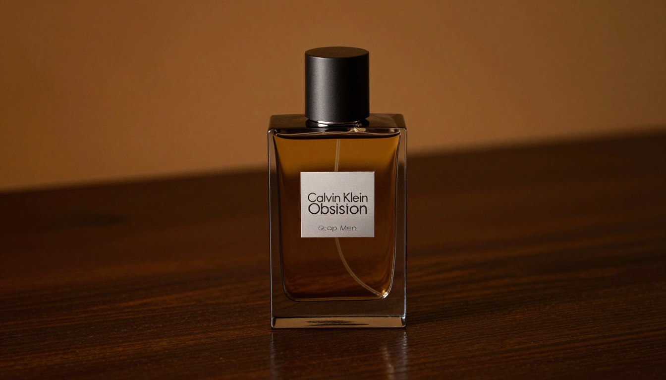 ck obsession for men bottle on dark background with amber lighting