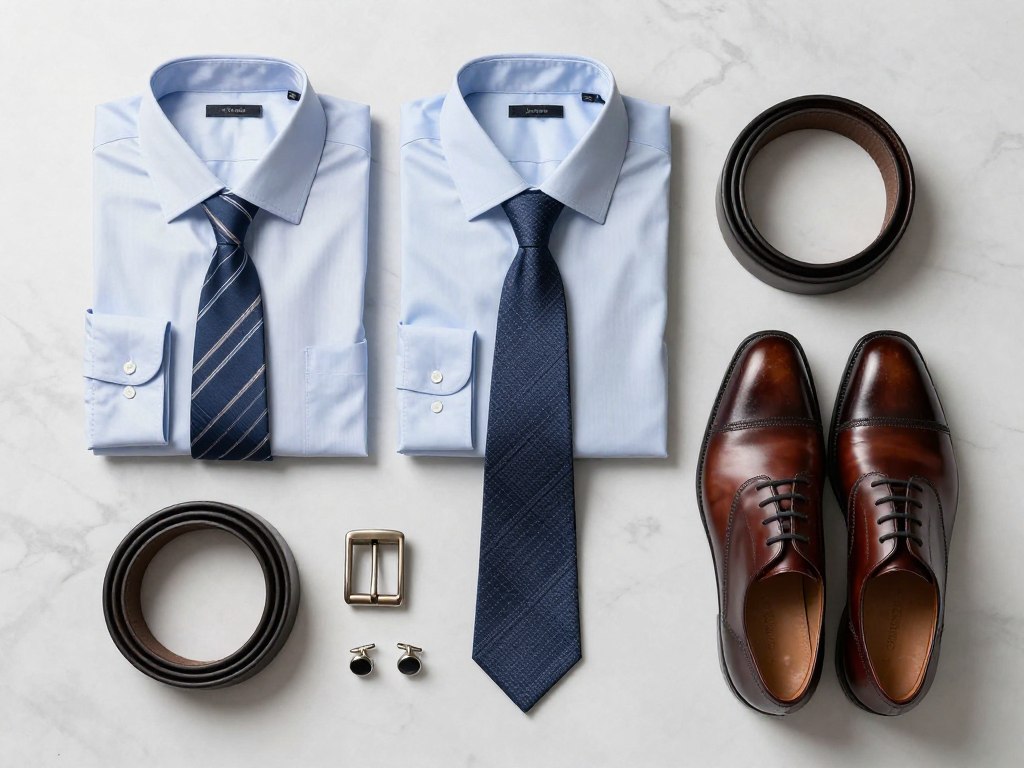 klasyczne elementy eleganckiej garderoby ułożone na stole