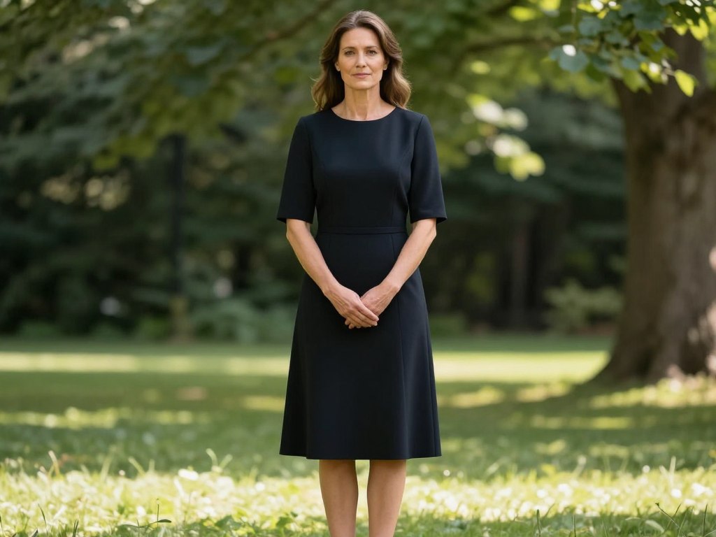 kobieta w eleganckiej czarnej sukience na pogrzeb