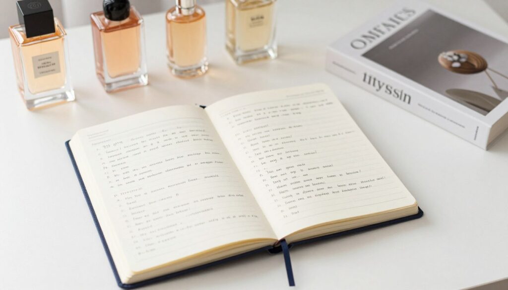 książka i notatnik o perfumach na biurku książka i notatnik o perfumach na biurku