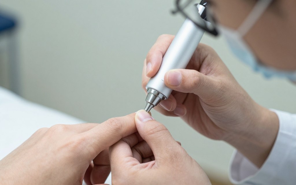lekarz dermatolog badający paznokcie pacjenta przy użyciu dermatoskopu lekarz dermatolog badający paznokcie pacjenta przy użyciu dermatoskopu