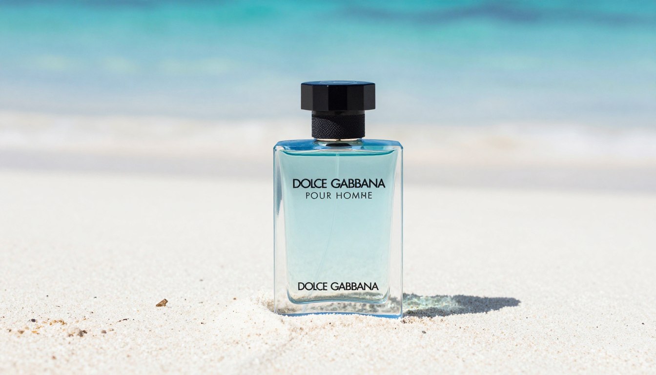 light blue dolce gabbana mens bottle on beach background