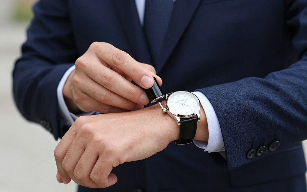 mężczyzna testujący trwałość perfum na nadgarstku zegar w tle mężczyzna testujący trwałość perfum na nadgarstku zegar w tle