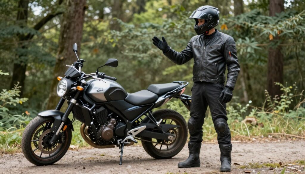 motocyklista w pełnym ekwipunku na tle lasu