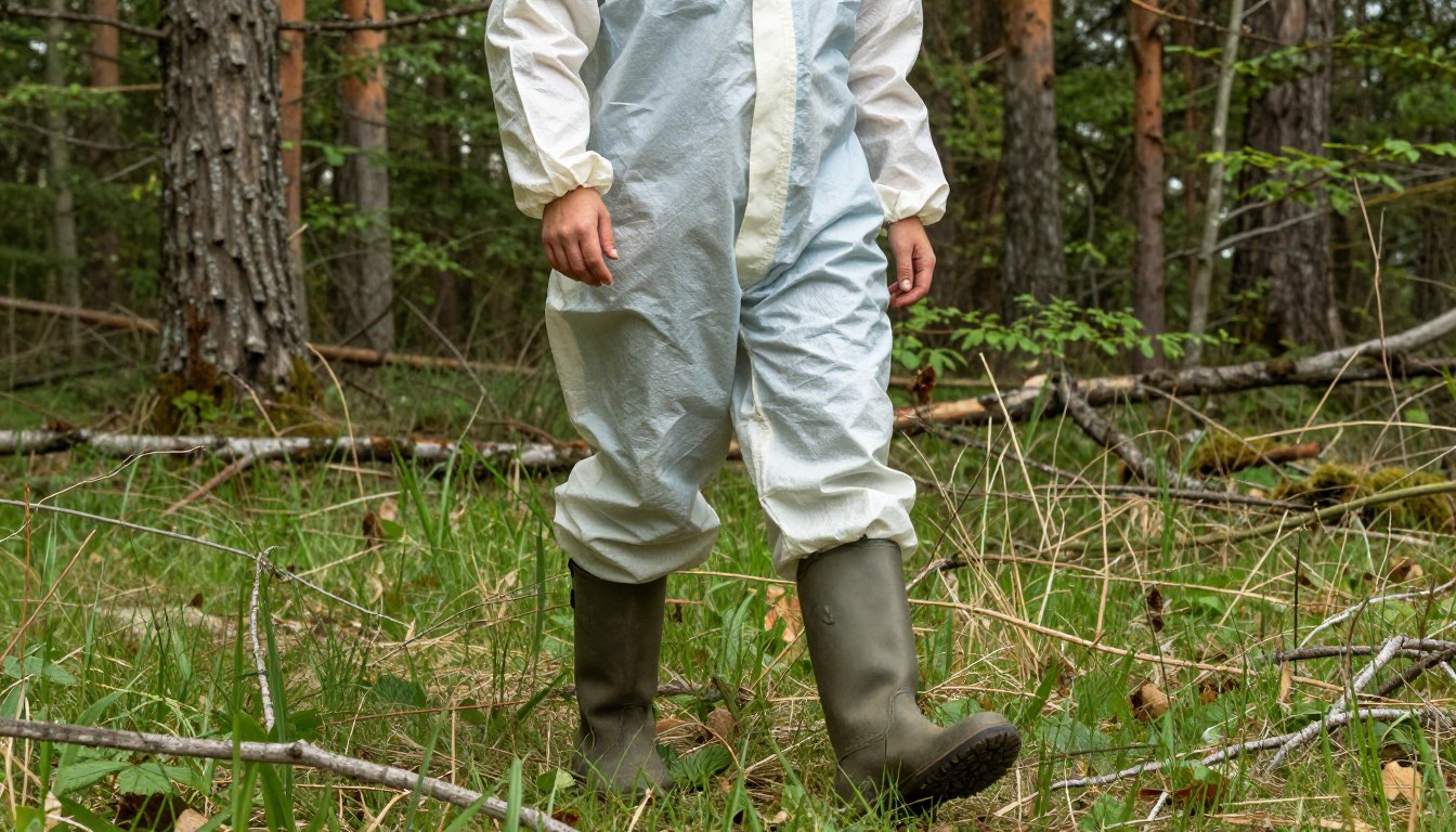osoba ubrana w ochronną odzież spacerująca po lesie