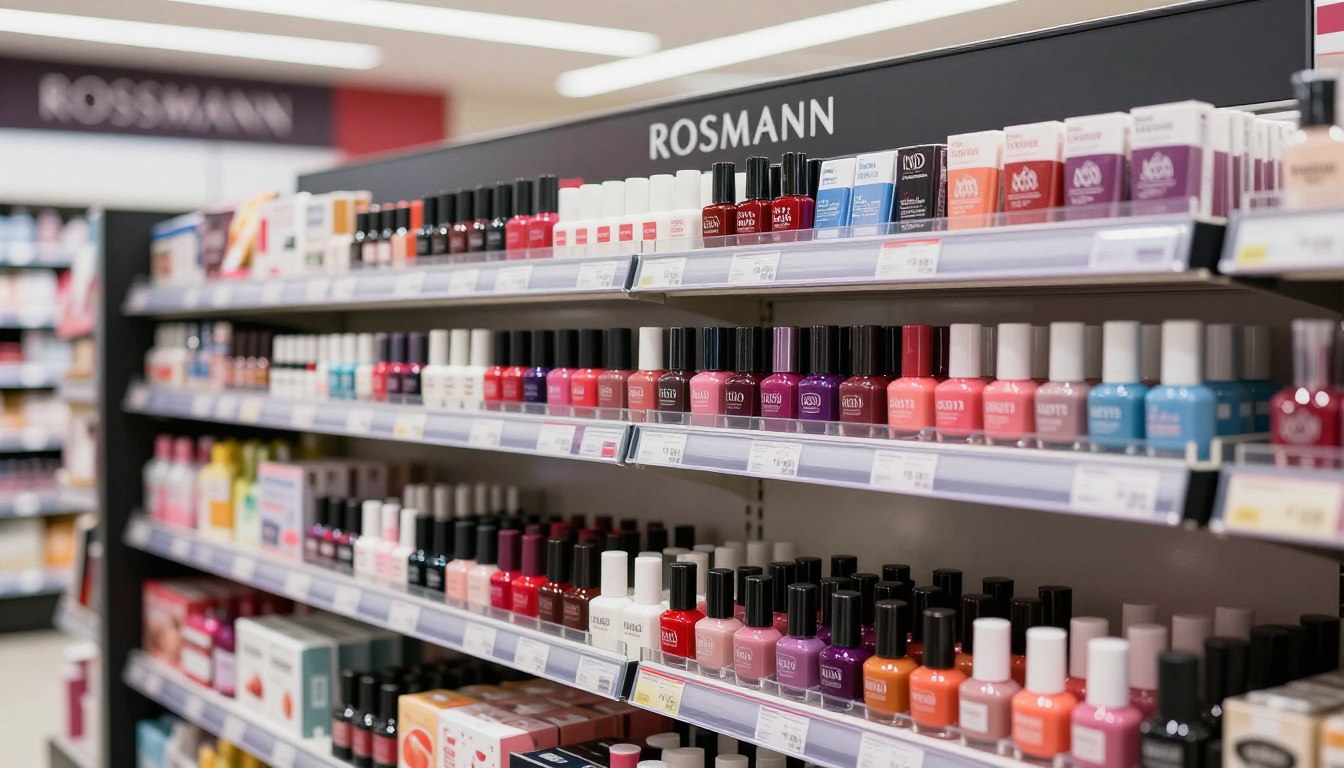 rossmann lakier hybrydowy bez lampy na półce sklepowej z kolorowymi buteleczkami