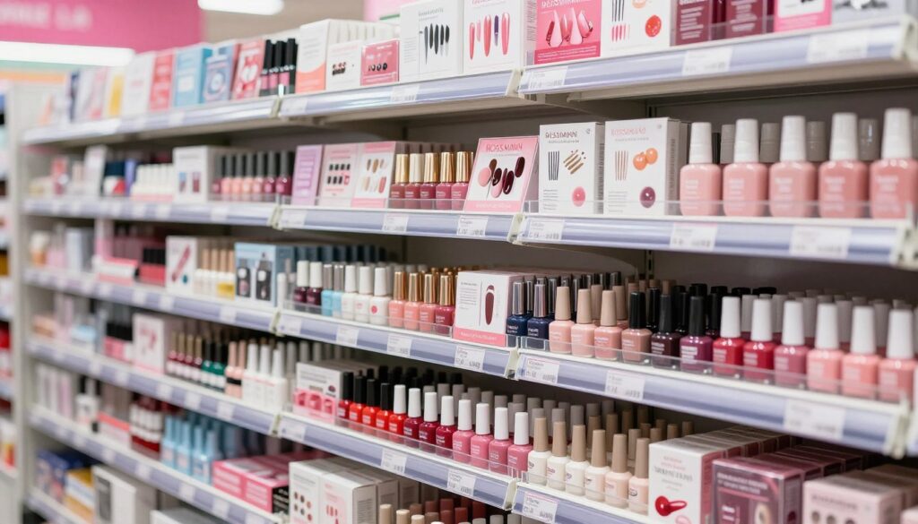 różnorodne produkty do paznokci na półce rossmann