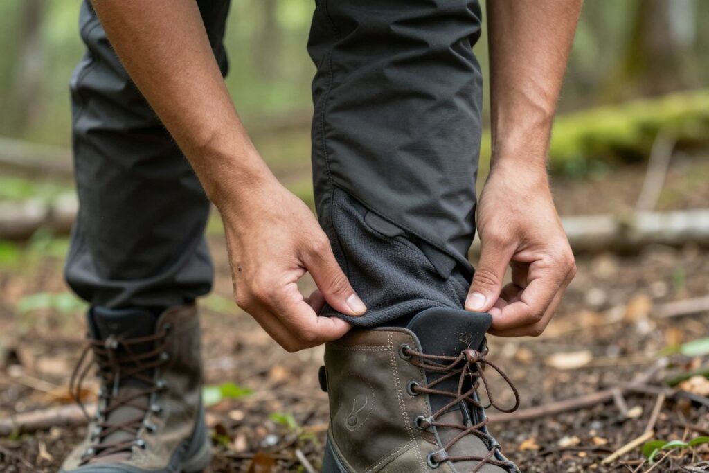 spodnie trekkingowe wpuszczone w wysokie buty