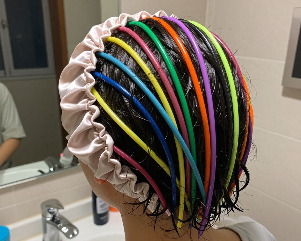 włosy nawinięte na kolorowe flexi rods przed snem włosy nawinięte na kolorowe flexi rods przed snem