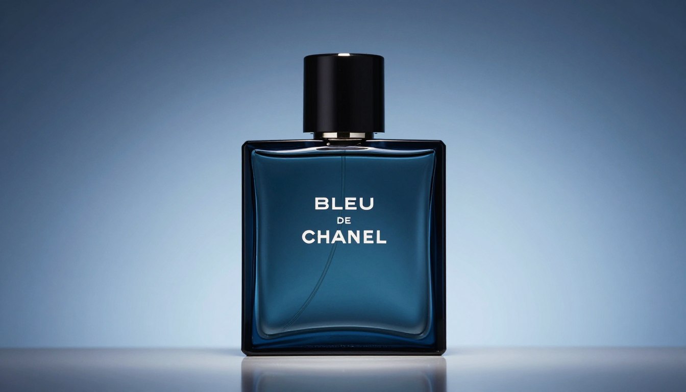 Bleu de Chanel opinie - elegancki flakon perfum na niebieskim tle