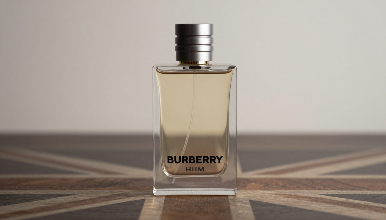 Burberry Brit for Him bottle on elegant background with British elements