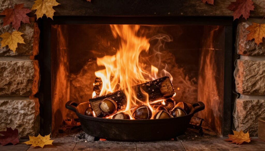 Burning fireplace with roasted chestnuts representing By The Fireplace perfume inspiration Burning fireplace with roasted chestnuts representing By The Fireplace perfume inspiration