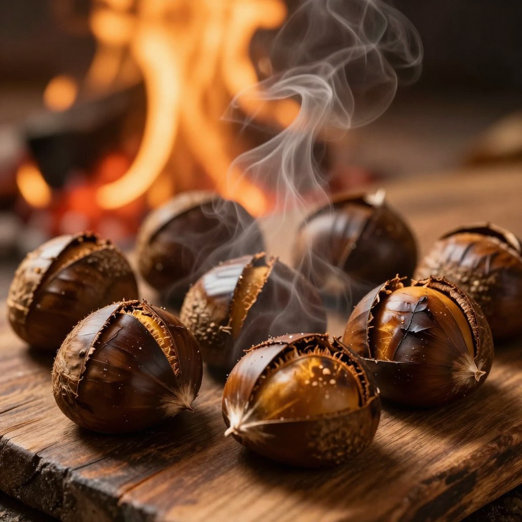 Chestnut roasting over fire symbolizing By The Fireplace top notes Chestnut roasting over fire symbolizing By The Fireplace top notes