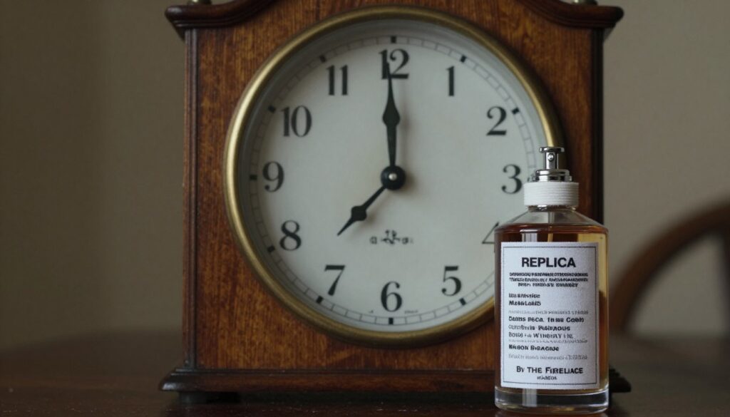 Clock showing passage of time with perfume bottle symbolizing longevity Clock showing passage of time with perfume bottle symbolizing longevity