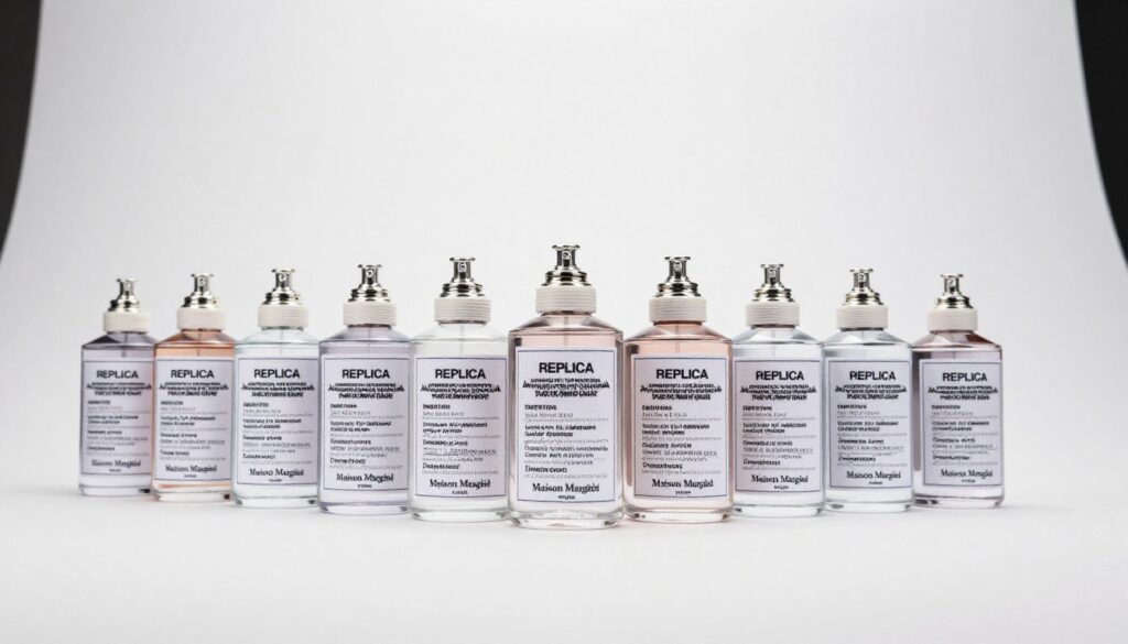 Collection of Maison Margiela Replica perfume bottles displayed together Collection of Maison Margiela Replica perfume bottles displayed together