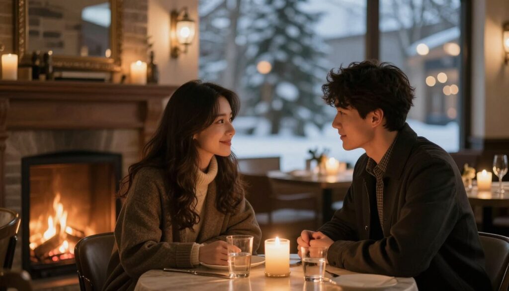 Couple on romantic winter date in cozy restaurant Couple on romantic winter date in cozy restaurant