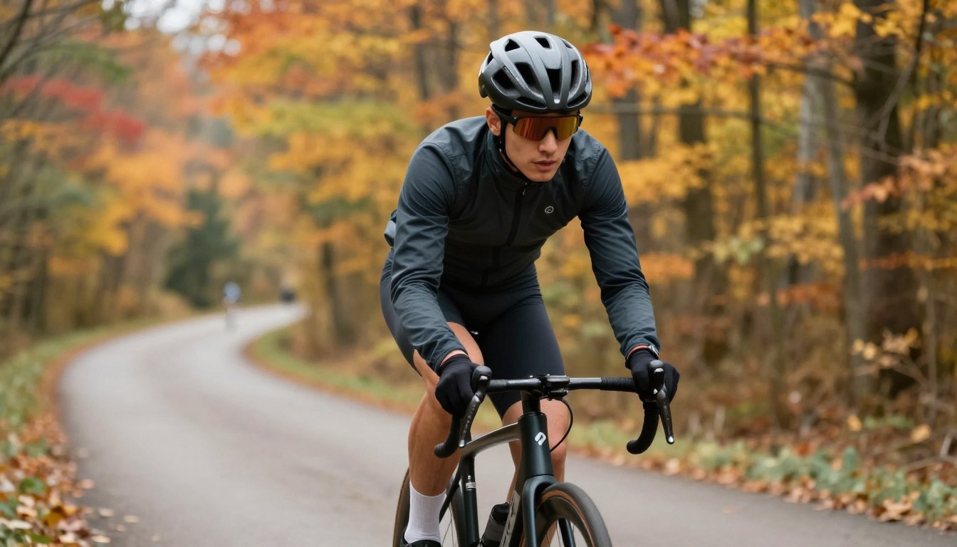 Cyklista ubrany w wielowarstwową odzież rowerową jesienią