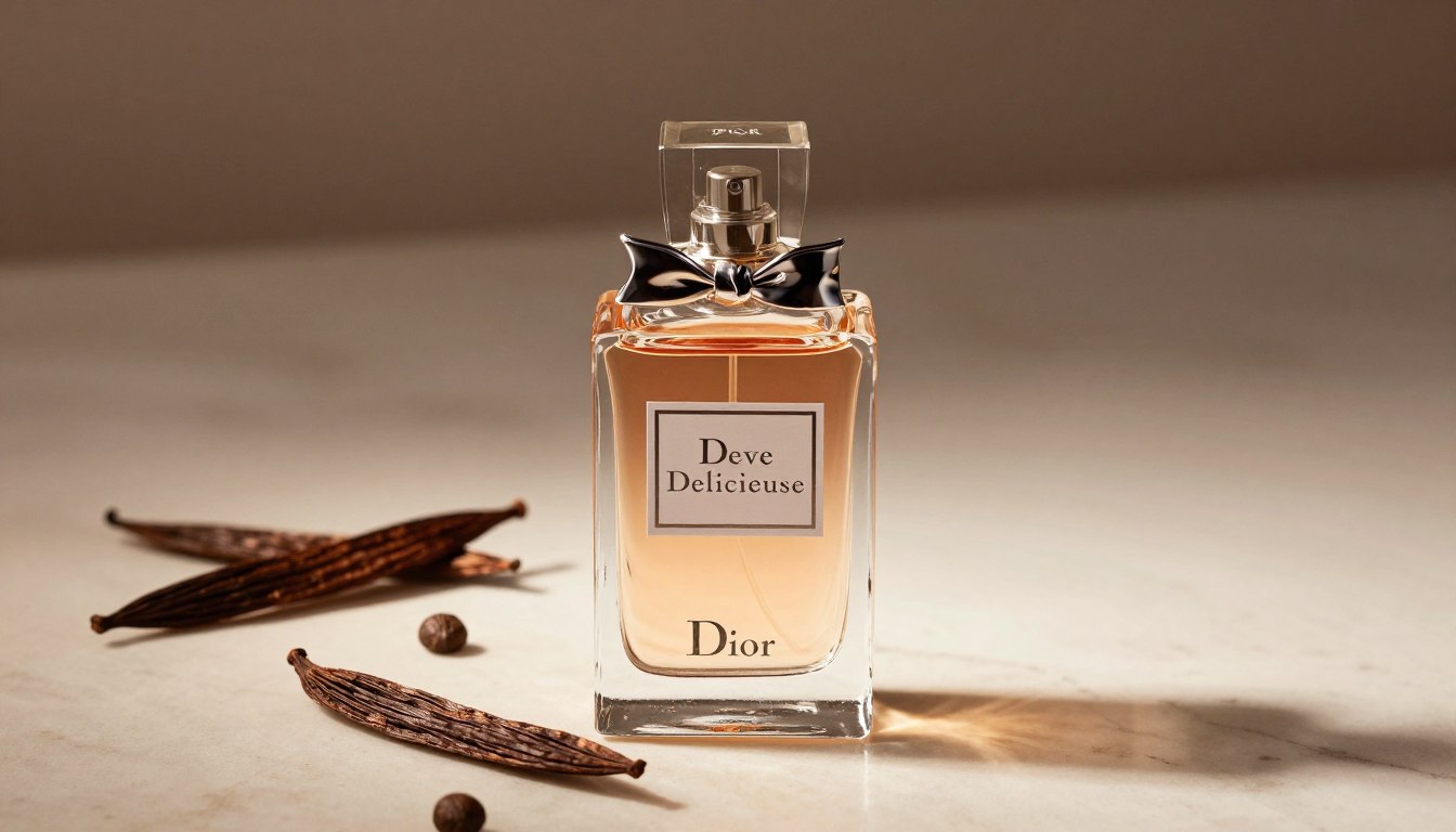 Dior Feve Delicieuse perfumy w eleganckim flakoonie na luksusowym tle