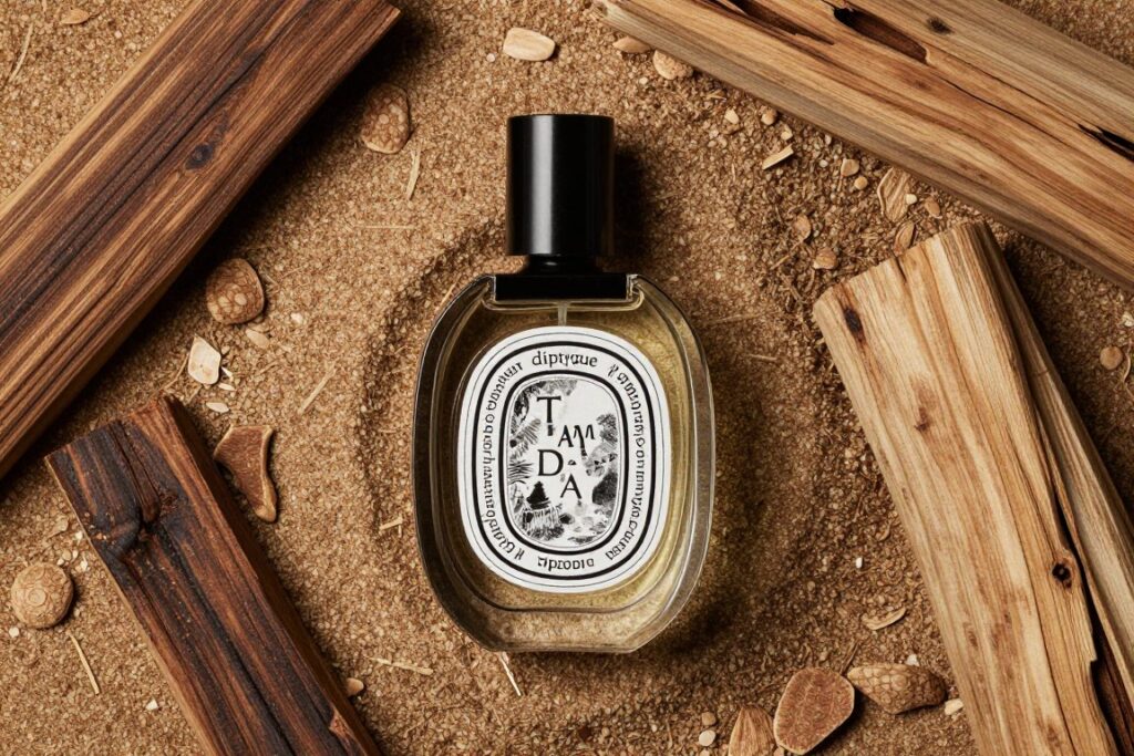 Diptyque Tam Dao perfume in natural wood setting Diptyque Tam Dao perfume in natural wood setting