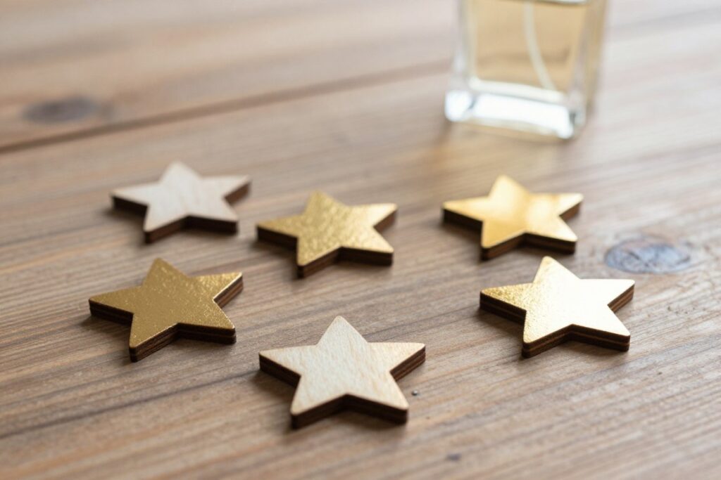 Five star rating symbols on wooden background representing perfume reviews Five star rating symbols on wooden background representing perfume reviews