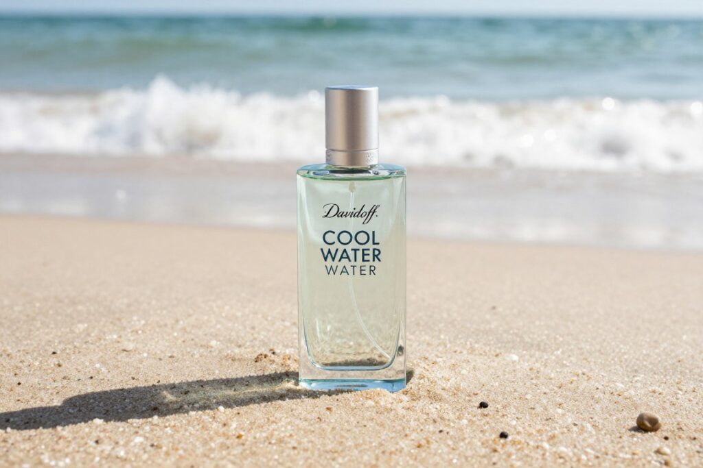Flakon Davidoff Cool Water na tle letniego krajobrazu Flakon Davidoff Cool Water na tle letniego krajobrazu