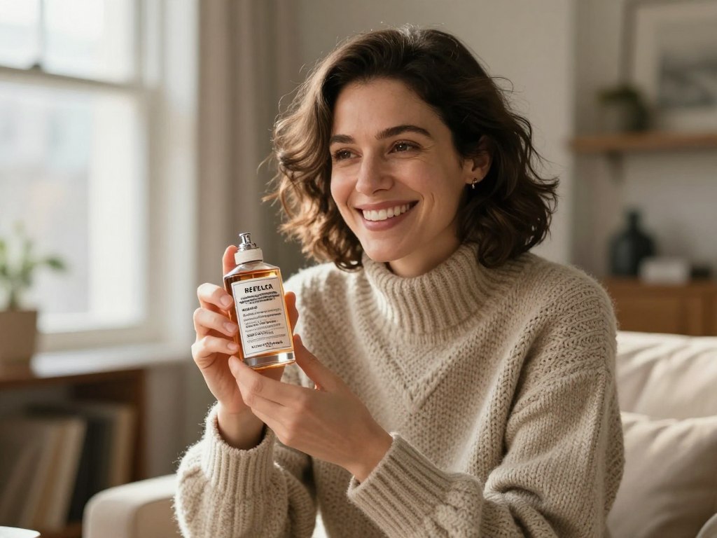 Happy customer holding By The Fireplace perfume bottle satisfied Happy customer holding By The Fireplace perfume bottle satisfied
