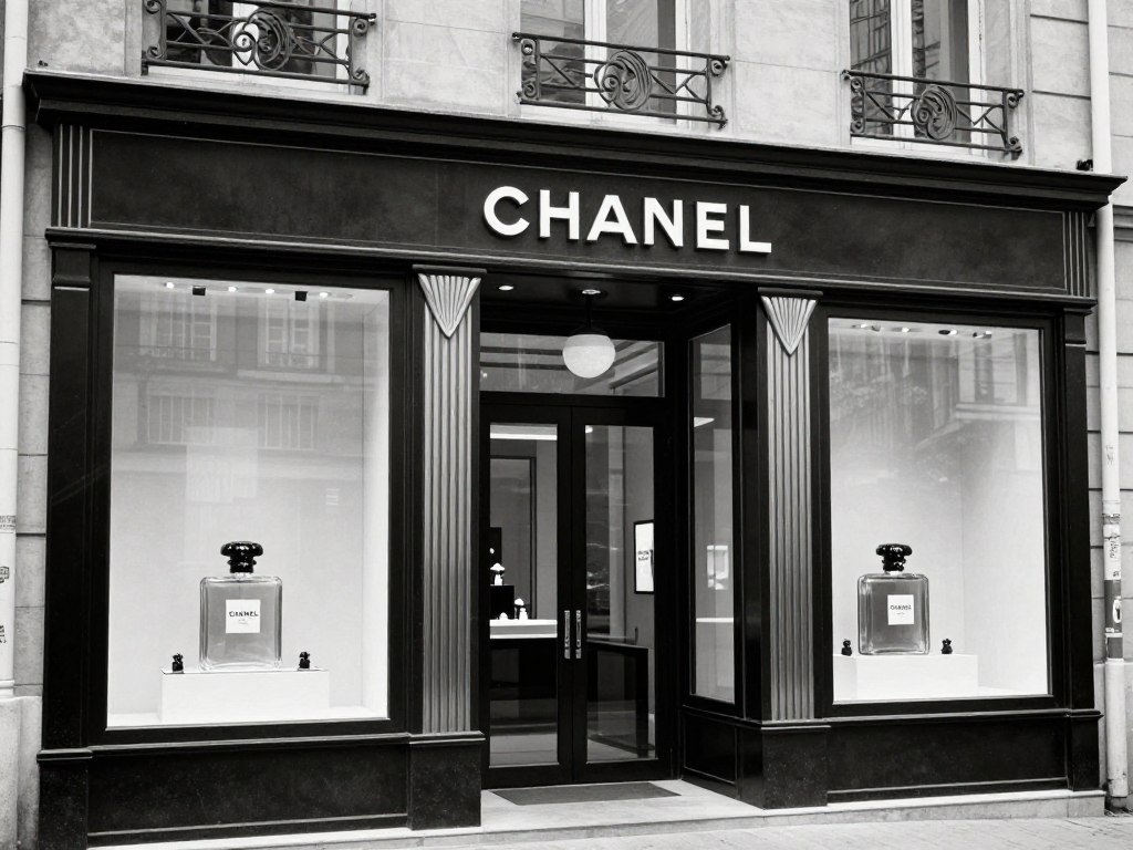 Historical Chanel rue Cambon boutique entrance with vintage perfume bottles