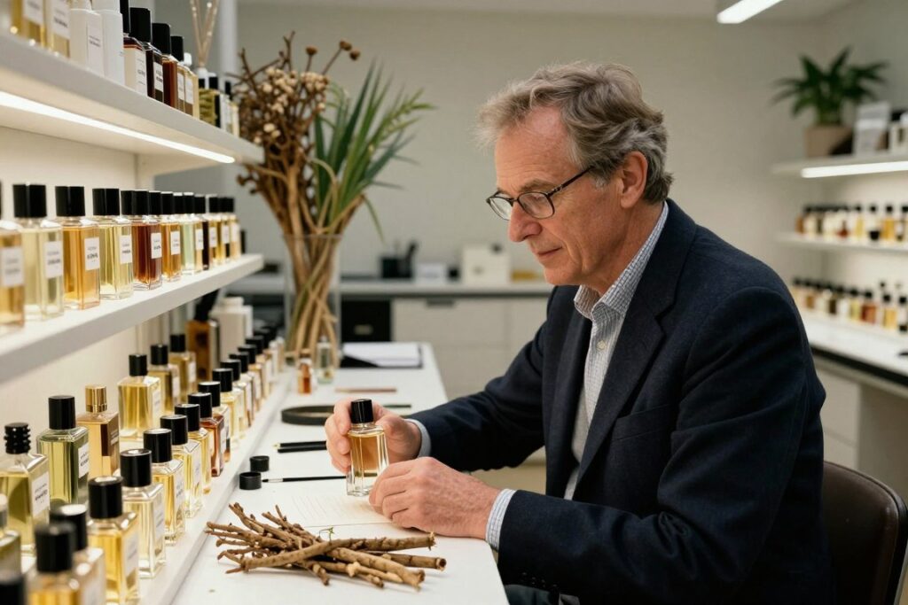 Jacques Polge perfumer working in Chanel laboratory with ingredients