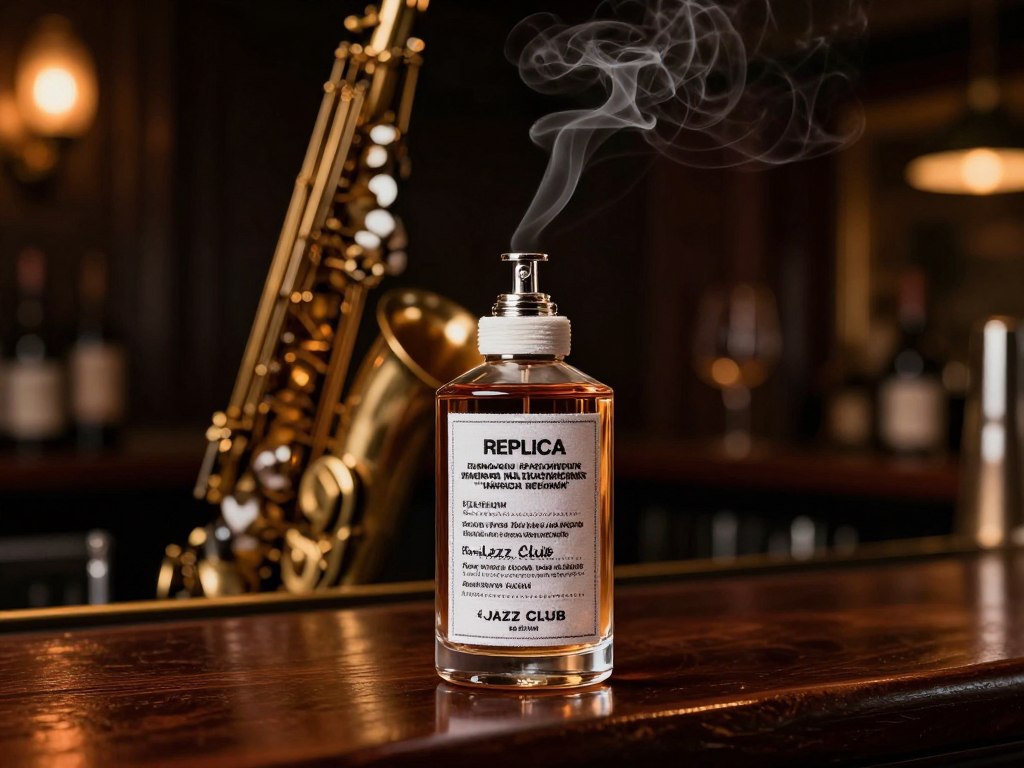 Jazz Club perfume bottle with saxophone in background Jazz Club perfume bottle with saxophone in background