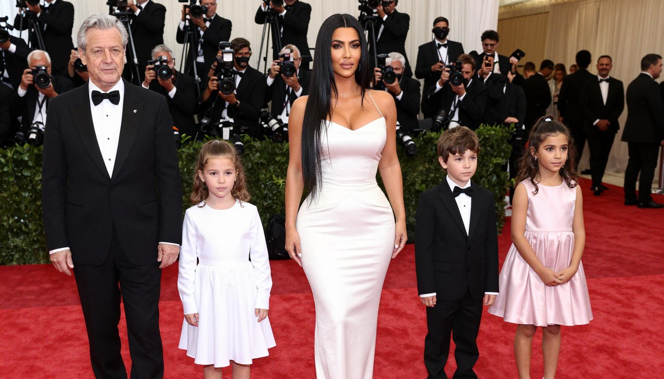 Kim Kardashian z dziećmi na czerwonym dywanie